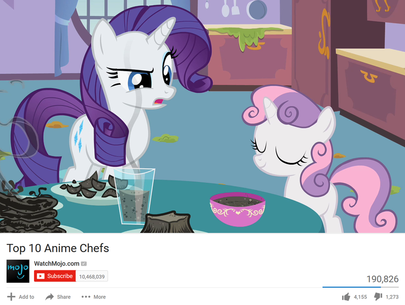 Size: 1547x1164 | Tagged: burnt juice, derpibooru import, edit, edited screencap, liquid toast, meme, rarity, safe, screencap, sisterhooves social, sweetie belle, sweetie fail, top 10 anime list parody, watchmojo.com