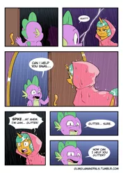 Size: 2893x4092 | Tagged: safe, artist:raph13th, derpibooru import, snails, spike, dragon, pony, unicorn, ask glitter shell, comic:glim glam and pals, collaboration, comic, crossover, glitter shell