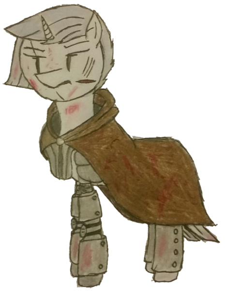 Size: 1299x1675 | Tagged: safe, artist:antique1899, derpibooru import, oc, oc:clear sky, unofficial characters only, pony, unicorn, fallout equestria, armor, blood, cape, cloak, clothes, fallout equestria: 77, female, frown, glare, mare, prosthetics, scar, simple background, solo, sword, traditional art, transparent background, weapon