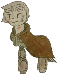 Size: 1299x1675 | Tagged: safe, artist:antique1899, derpibooru import, oc, oc:clear sky, unofficial characters only, pony, unicorn, fallout equestria, armor, blood, cape, cloak, clothes, fallout equestria: 77, female, frown, glare, mare, prosthetics, scar, simple background, solo, sword, traditional art, transparent background, weapon