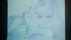 Size: 3264x1836 | Tagged: artist:krumpcakes, blushing, chrysaluna, derpibooru import, female, implied princess celestia, lesbian, offscreen character, princess luna, queen chrysalis, safe, shipping, traditional art, yelling