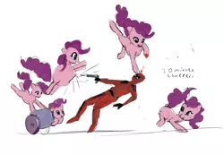 Size: 1500x1039 | Tagged: semi-grimdark, anonymous artist, derpibooru import, pinkie pie, earth pony, human, pony, 30 minute art challenge, blood, deadpool, death battle, exploitable meme, female, fight, gun, mare, meme, party cannon, weapon