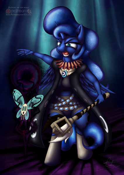 Size: 905x1280 | Tagged: alicorn, angry, anthro, artist:calena, belt, cape, clothes, derpibooru import, fantasy class, game, hand, jewelry, mmorpg, open mouth, parasprite, patreon, patreon logo, princess luna, regard horn staff, safe, sapphire, shadow, shadowmancer, staff, tree of savior, unguligrade anthro, wings