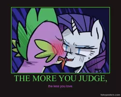 Size: 600x480 | Tagged: safe, artist:kianamai, derpibooru import, edit, rarity, spike, demotivational poster, disgusted, female, horrified, kilala97 is trying to murder us, kissing, male, meme, poster, shipping, sparity, straight, tongue out