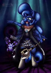 Size: 905x1280 | Tagged: alicorn, angry, anthro, artist:calena, belt, cape, clothes, damage, derpibooru import, destroyed, fantasy class, game, hand, hitting, jewelry, mmorpg, open mouth, parasprite, patreon, patreon logo, princess luna, regard horn staff, sapphire, semi-grimdark, shadow, shadowmancer, staff, tree of savior, unguligrade anthro, wings