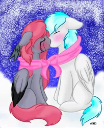 Size: 1675x2048 | Tagged: safe, artist:winter night, derpibooru import, oc, oc:frostyee, oc:skarlet, unofficial characters only, pegasus, pony, base used, blushing, clothes, floppy ears, kissing, male, oc x oc, scarf, shared clothing, shared scarf, shipping, sitting, stallion