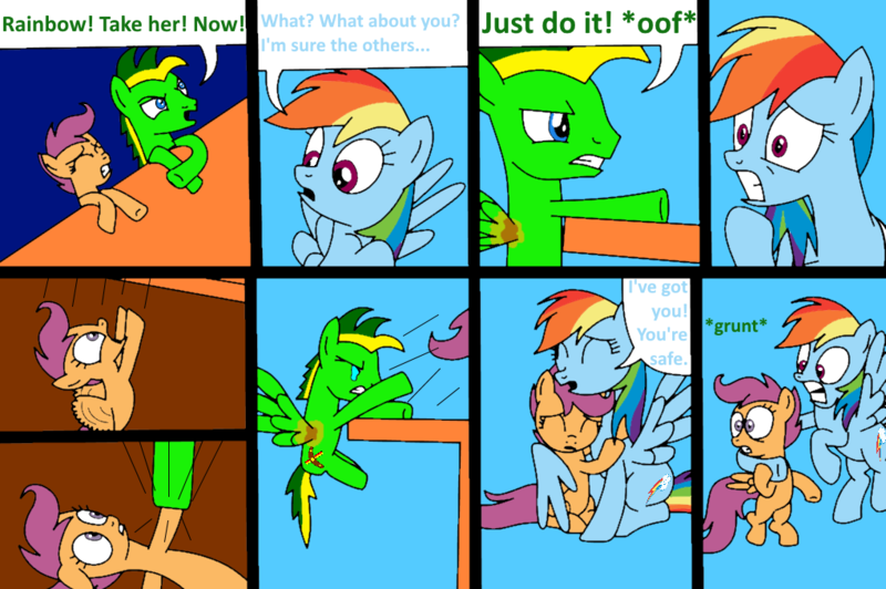 Size: 1020x678 | Tagged: artist:didgereethebrony, broken wing, comic, comic:wreck of the renaissance, crying, derpibooru import, needs more saturation, oc, oc:didgeree, rainbow dash, safe, scootaloo, self sacrifice, ship sinking, sinking, sinking ship, tears of pain