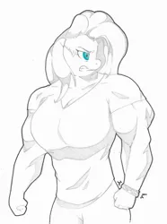 Size: 1280x1722 | Tagged: anthro, artist:zacharyisaacs, bangles, biceps, breasts, busty fluttershy, clenched fist, clothes, derpibooru import, female, flutterhulk, fluttershy, green eyes, gritted teeth, jewelry, mare, monochrome, muscles, muscleshy, pegasus, safe, shirt, simple background, solo, tumblr comic, white background