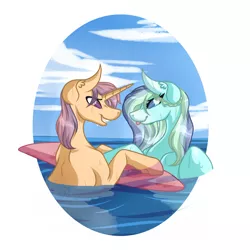 Size: 3818x3820 | Tagged: safe, artist:amazing-artsong, derpibooru import, oc, oc:riptide, oc:tranquil wave, unofficial characters only, pegasus, pony, unicorn, couple, female, looking at each other, male, oc x oc, shipping, smiling, straight, surfboard, water