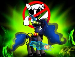 Size: 1280x970 | Tagged: safe, artist:mitsi1991, derpibooru import, princess luna, alicorn, ghost, ghost pony, pony, clothes, crossover, female, ghostbusters, glowing horn, magic, signature, solo, telekinesis