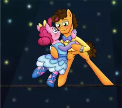 Size: 1001x884 | Tagged: safe, artist:crazynutbob, derpibooru import, cheese sandwich, pinkie pie, ballet slippers, blushing, bow, bowtie, cheesepie, clothes, dancing, dress, eye contact, female, looking at each other, male, shipping, spotlight, straight, suit, tightrope
