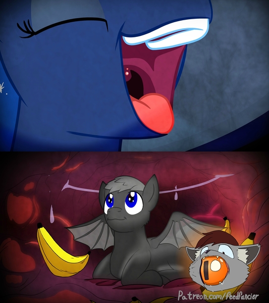 Size: 3840x4320 | Tagged: questionable, artist:feedfancier, derpibooru import, princess luna, oc, oc:night mist, bat pony, banana, bat pony oc, close-up, commission, eyes closed, fetish, food, internal, logo, looking up, lunapred, micro, open mouth, patreon, patreon logo, soft vore, stomach, throat, vore