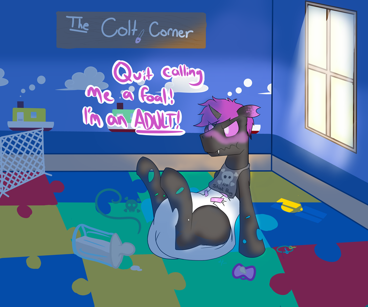 Size: 6000x5000 | Tagged: absurd resolution, adult foal, artist:l3lackout, bib, blushing, changeling, changeling oc, derpibooru import, diaper, diaper fetish, fetish, foal bottle, jingling keys, messy diaper, nursery, oc, oc:kluski, pacifier, playpen, poofy diaper, poopy diaper, pouting, purple changeling, questionable, stink lines