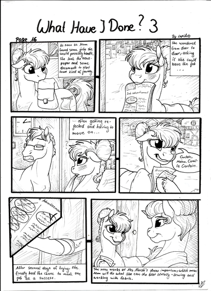 Size: 2550x3506 | Tagged: safe, artist:lupiarts, derpibooru import, oc, oc:camilla curtain, oc:chess, unofficial characters only, earth pony, pony, unicorn, comic:what have i done, black and white, comic, dramatic, female, grayscale, job, job application, male, mare, monochrome, sad, speech bubble, stallion, story, traditional art