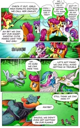Size: 1800x2881 | Tagged: safe, artist:candyclumsy, derpibooru import, apple bloom, derpy hooves, dragon lord torch, princess celestia, scootaloo, sweetie belle, alicorn, dragon, earth pony, pegasus, pony, unicorn, comic, cutie mark crusaders, dead, death, epic fail, fail, female, filly, flower, grimderp, gun, male, mare, on back, shotgun, speed lines, this will end in federal prison, this will end in jail time, tongue out, weapon