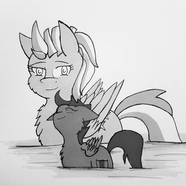 Size: 1024x1024 | Tagged: safe, artist:zalla661, derpibooru import, lightning dust, scootaloo, pony, behaving like a bird, monochrome, pegaduck, siblings, traditional art, water