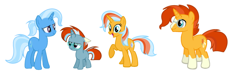 Size: 2768x892 | Tagged: safe, artist:thesmall-artist, derpibooru import, sunburst, trixie, oc, oc:light star, oc:sun trick, pony, unicorn, base used, colt, female, male, mare, offspring, parent:sunburst, parent:trixie, parents:trixburst, simple background, transparent background, trixburst