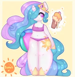 Size: 3400x3500 | Tagged: alicorn, anatomically incorrect, anthro, arm hooves, artist:bunxl, beach ball, belly button, bikini, clothes, derpibooru import, female, food, ice cream, incorrect leg anatomy, mare, princess celestia, smiling, solo, solo female, suggestive, swimsuit, unguligrade anthro