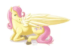 Size: 1903x1280 | Tagged: safe, artist:verumtee, derpibooru import, fluttershy, horse, pegasus, pony, female, hoers, mare, prone, simple background, smiling, solo