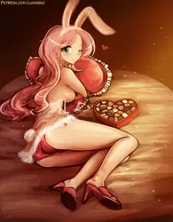 Size: 750x964 | Tagged: adorasexy, artist:lumineko, ass, blushing, breasts, bunny ears, busty fluttershy, chocolate, clothes, cute, derpibooru import, dress, female, flutterbutt, fluttershy, food, heart, high heels, human, humanized, looking at you, looking back, one eye closed, panties, partial nudity, pralines, red underwear, sexy, shoes, shyabetes, side, sideboob, side knot underwear, smiling, solo, solo female, suggestive, topless, underwear, wink