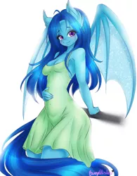 Size: 1024x1311 | Tagged: safe, artist:bunnywhiskerz, derpibooru import, oc, oc:nightingale mane, unofficial characters only, anthro, bat pony, anthro oc, armpits, bat pony oc, belly button, breasts, clothes, dress, female, mare, pregnant, simple background, solo, white background