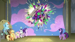 Size: 1280x720 | Tagged: safe, derpibooru import, screencap, applejack, fluttershy, rainbow dash, rarity, starlight glimmer, twilight sparkle, twilight sparkle (alicorn), alicorn, dragon, earth pony, pegasus, pony, unicorn, horse play, female, firework sun, fireworks, imminent explosion, male, mare, this will end in explosions