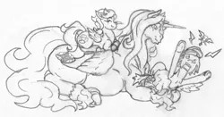 Size: 2574x1351 | Tagged: safe, artist:siegfriednox, derpibooru import, oc, oc:buckets, oc:invidia nox, oc:rainstorm, alicorn, pegasus, pony, alicorn oc, angry, fat, group, large belly, lying, lying on top of someone, sitting on pony, size difference, traditional art