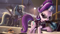 Size: 7680x4320 | Tagged: suggestive, artist:calveen, derpibooru import, starlight glimmer, trixie, unicorn, 3d, absurd resolution, ak-47, alcohol, assault rifle, aviators, bag, chinese text, chromatic aberration, clothes, cloud, cloudy, ear piercing, earring, female, glasses, gun, helicopter, jacuzzi, jewelry, lamp, levitation, licking, magic, mare, money, one-piece swimsuit, piercing, rain, raised hoof, rifle, rpg, rubber duck, source filmmaker, suit, swimsuit, tattoo, telekinesis, tongue out, type 56, weapon, wet, wine, wine bottle, yacht