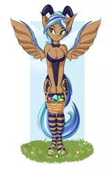 Size: 780x1200 | Tagged: anthro, artist:karat3l, basket, breasts, bunny suit, clothes, commission, derpibooru import, easter basket, easter egg, female, oc, oc:ocean pearl, paw prints, pegasus, pegasus oc, socks, solo, solo female, spread wings, striped socks, suggestive, unguligrade anthro, unofficial characters only, wings