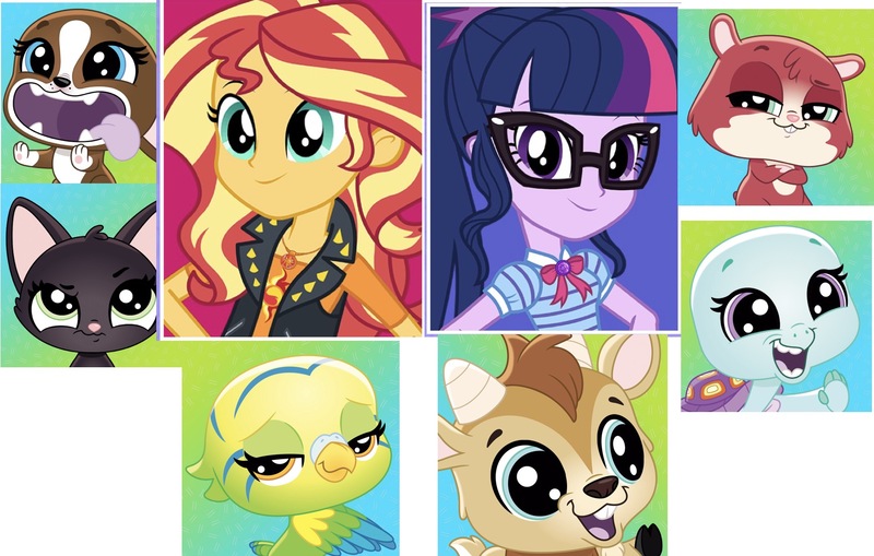 Size: 1643x1046 | Tagged: safe, derpibooru import, editor:superbobiann, sci-twi, sunset shimmer, twilight sparkle, bird, cat, dog, goat, hamster, parakeet, turtle, equestria girls, equestria girls series, animal, bev gilturtle, bowtie, clothes, edie von keet, female, geode of empathy, geode of telekinesis, glasses, hilarious in hindsight, jacket, jade catkin, leather jacket, littlest pet shop, littlest pet shop a world of our own, looking at you, magical geodes, male, quincy goatee, roxie mcterrier, trip hamston