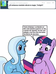 Size: 600x800 | Tagged: safe, artist:dekomaru, derpibooru import, edit, trixie, twilight sparkle, pony, unicorn, tumblr:ask twixie, ask, female, lesbian, pregnant, shipping, spanish, translation, tumblr, twixie