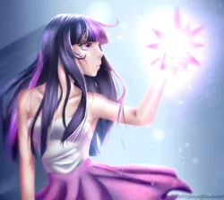 Size: 986x883 | Tagged: armpits, artist:xkittyblue, clothes, derpibooru import, digital art, female, human, humanized, magic, safe, signature, solo, twilight sparkle