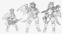 Size: 3400x1850 | Tagged: anthro, armor, artist:siegfriednox, derpibooru import, enclave armor, fallout equestria, grand pegasus enclave, group, monochrome, oc, oc:buckets, oc:rainstorm, oc:twister trail, pegasus, power armor, safe, unguligrade anthro, unofficial characters only, weapon