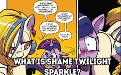 Size: 1113x689 | Tagged: safe, derpibooru import, edit, idw, screencap, golden feather, twilight sparkle, twilight sparkle (alicorn), alicorn, pony, spoiler:comic, spoiler:comic65, braid, comic, duo, ear piercing, earring, female, jewelry, mare, official comic, piercing