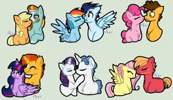 Size: 1012x584 | Tagged: safe, artist:brendalobinha, derpibooru import, applejack, big macintosh, cheese sandwich, fancypants, fluttershy, pinkie pie, rainbow dash, rarity, rockhoof, soarin', sunburst, twilight sparkle, twilight sparkle (alicorn), alicorn, earth pony, pegasus, pony, unicorn, base used, beard, boop, cheesepie, facial hair, female, fluttermac, green background, male, mare, missing cutie mark, noseboop, nuzzling, raripants, rockjack, shipping, simple background, soarindash, stallion, straight, twiburst