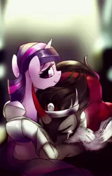 Size: 2251x3508 | Tagged: artist:tingsan, crying, curved horn, derpibooru import, fanfic, fanfic art, female, hug, king sombra, male, safe, shipping, smiling, straight, twibra, twilight sparkle, villains touching twilight