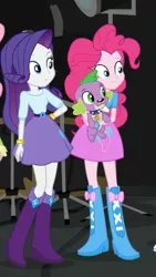 Size: 1242x2208 | Tagged: safe, derpibooru import, screencap, fluttershy, pinkie pie, rarity, spike, spike the regular dog, dog, equestria girls, movie magic, spoiler:eqg specials, belt, boots, bracelet, clothes, cropped, female, jewelry, male, offscreen character, paws, raised leg, shoes, skirt, smiling, trio