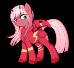 Size: 1090x1004 | Tagged: source needed, safe, artist:kas92, derpibooru import, ponified, earth pony, pony, animated, black background, bodysuit, darling in the franxx, devil horns, fangs, female, headband, horns, lidded eyes, looking at you, mare, simple background, smiling, smirk, solo, windswept mane, zero two (darling in the franxx)