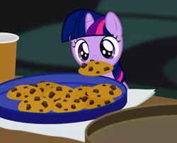 Size: 2229x1800 | Tagged: safe, artist:badumsquish, derpibooru import, twilight sparkle, pony, unicorn, badumsquish is trying to murder us, behaving like a rabbit, chocolate chip cookie, chocolate chip cookies, cookie, cookie thief, couch, cup, cute, eyes on the prize, female, filly, filly twilight sparkle, food, mouth hold, newspaper, nom, plate, ponified animal photo, show accurate, solo, table, twiabetes, twilight stealing a cookie, weapons-grade cute, younger