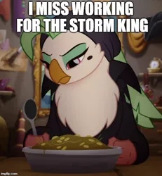 Size: 500x542 | Tagged: captain celaeno, cropped, derpibooru import, edit, edited screencap, image macro, meme, my little pony: the movie, safe, screencap, solo, stockholm syndrome, storm king's messenger outfit