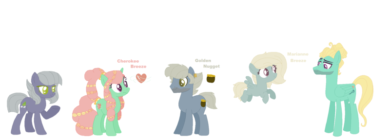 Size: 2110x750 | Tagged: safe, artist:1313jaysong1313, derpibooru import, limestone pie, zephyr breeze, oc, oc:cherokee breeze, oc:golden nugget, oc:marianne breeze, earth pony, pegasus, pony, female, male, offspring, parent:limestone pie, parent:tree hugger, parent:zephyr breeze, parents:zephyrhugger, parents:zephyrstone, shipping, straight, zephyrstone