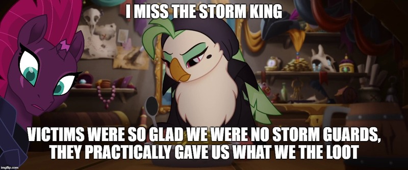 Size: 1194x499 | Tagged: captain celaeno, derpibooru import, edit, edited screencap, engrish, grammar error, image macro, meme, my little pony: the movie, safe, screencap, storm king's messenger outfit, tempest shadow, wat