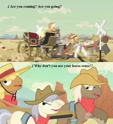 Size: 635x692 | Tagged: safe, derpibooru import, edit, edited screencap, screencap, applejack, caboose, evening star, full steam, john bull, promontory, earth pony, pony, the last roundup, bandana, cowboy hat, desert, don't try this at home, friendship express, hat, hub logo, hubble, lyrics, male, railroad, railroad crossing, seven songs and a story, silly, silly pony, song reference, stagecoach, stallion, text, the hub, wagon, who's a silly pony