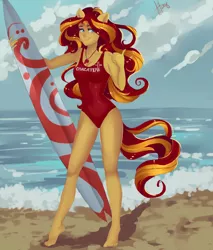 Size: 2900x3400 | Tagged: safe, artist:xjenn9, derpibooru import, sunset shimmer, equestria girls, baywatch, clothes, cyrillic, female, lifeguard, one-piece swimsuit, ponied up, russian, smiling, solo, surfboard, swimsuit, thumbs up, whistle