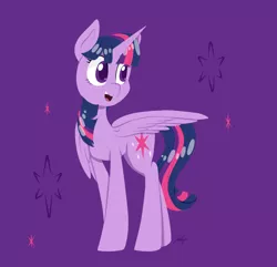 Size: 1152x1111 | Tagged: safe, artist:imaplatypus, derpibooru import, part of a set, twilight sparkle, twilight sparkle (alicorn), alicorn, pony, cutie mark background, female, head turn, looking away, mare, one wing out, open mouth, purple background, simple background, smiling, solo, standing