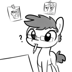 Size: 1650x1650 | Tagged: safe, artist:tjpones, derpibooru import, twilight sparkle, oc, oc:tjpones, unofficial characters only, earth pony, pony, seapony (g4), drawing, glasses, grayscale, male, monochrome, mouth hold, pencil, question mark, self portrait, simple background, solo, stallion, white background