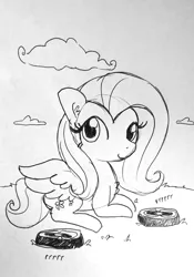 Size: 1102x1573 | Tagged: safe, artist:tjpones, derpibooru import, fluttershy, pegasus, pony, chest fluff, ear fluff, grayscale, lineart, monochrome, onomatopoeia, prone, roomba, roombashy, solo, traditional art, trio, vrrr