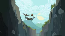 Size: 1280x720 | Tagged: animal, bald eagle, bat, bird, cloud, derpibooru import, eagle, falcon, flying, ghastly gorge, gorge, may the best pet win, mountain, owl, peregrine falcon, safe, screencap, spread wings, sun, wings