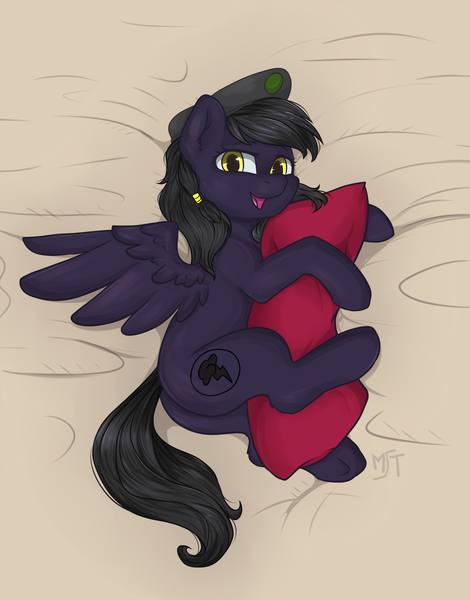 Size: 1505x1922 | Tagged: safe, artist:haruhi-il, derpibooru import, oc, oc:mir, unofficial characters only, pegasus, pony, fallout equestria, bed, commission, dashite, hat, pillow