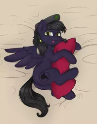 Size: 1505x1922 | Tagged: safe, artist:haruhi-il, derpibooru import, oc, oc:mir, unofficial characters only, pegasus, pony, fallout equestria, bed, commission, dashite, hat, pillow